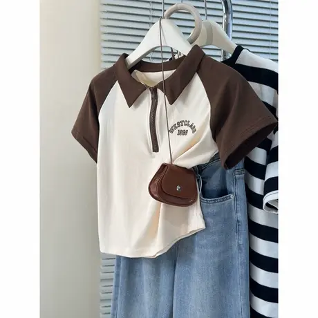 ins超火拼色插肩短袖T恤女夏季韩版修身小个子短款翻领POLO衫上衣商品大图