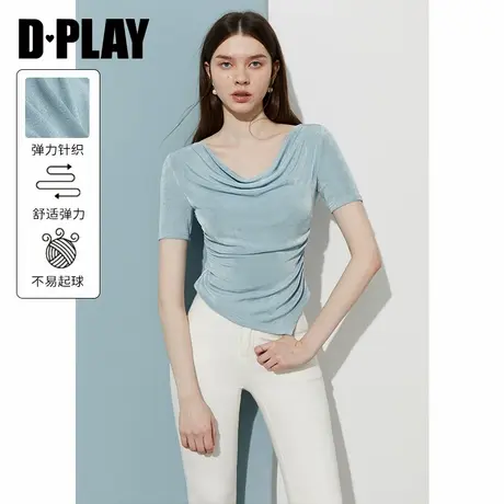 DPLAY2025年夏季新款蓝色t恤女法式修身荡领气质上衣长袖图片