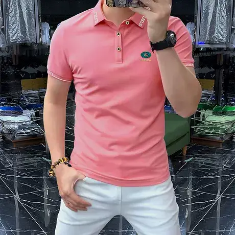 男生夏季新款时尚潮流polo衫字母男装短袖翻领帅气修身t恤衫粉色图片