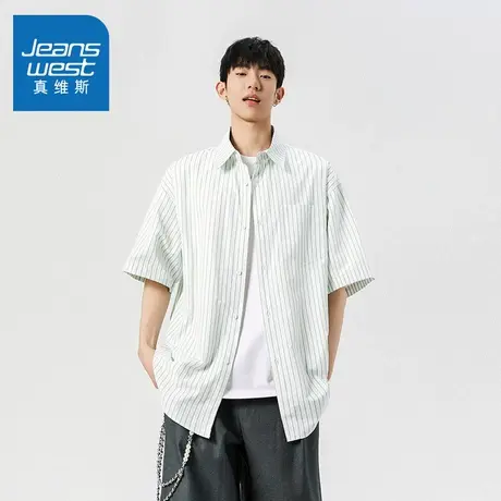 N5真维斯男士短袖衬衫2025夏季美式时尚条纹男生休闲宽松百搭衬衣商品大图