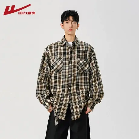 回力潮牌美式格子衬衫男士外套日系上衣磨毛格纹复古休闲长袖衬衣图片