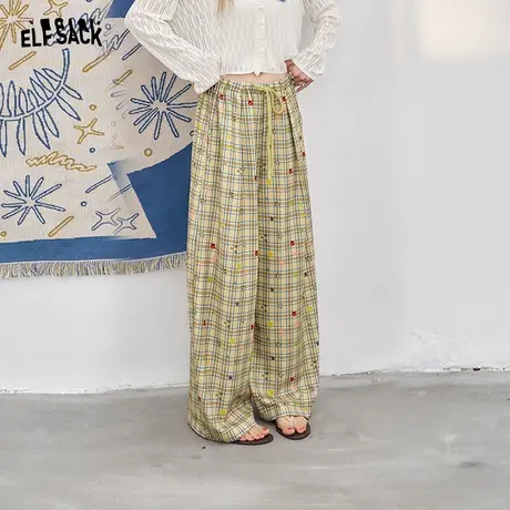 妖精的口袋彩色星星格子阔腿裤女2025年夏季新款慵懒风直筒裤子商品大图