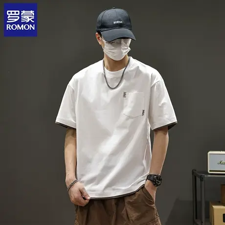 罗蒙夏季宽松圆领重磅短袖T恤纯色百搭冰感时尚口袋男士上衣潮N1Z商品大图