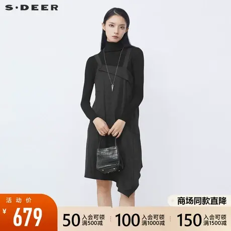 sdeer圣迪奥2021冬装新品高领肌理黑色针织两件套连衣裙S21481201图片