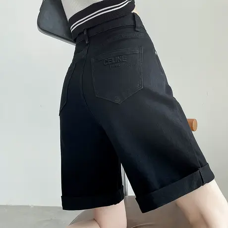 黑色五分牛仔短裤女夏季薄款高腰卷边宽松显瘦直筒小个子阔腿中裤商品大图