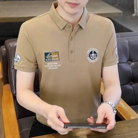 短袖polo衫男士夏季潮流贴布刺绣翻领t恤新款潮牌修身半袖打底衫图片