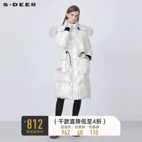 sdeer圣迪奥冬装毛领收腰亮面罗纹长款白色羽绒服女S21482487💎商品大图