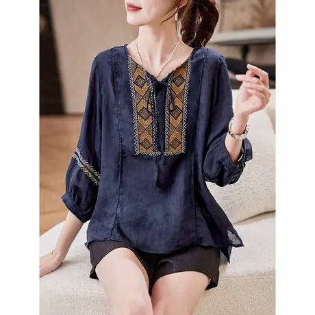宝诗黎七分袖系带刺绣衬衫2025春季苎麻文艺气质百搭减龄衬衣女商品大图