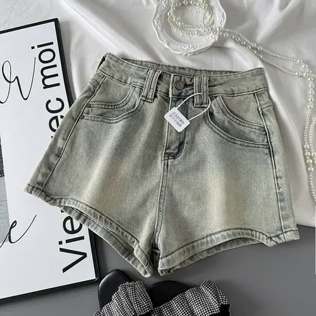 辣妹水洗做旧高腰牛仔短裤女美式街头弹力包臀阔腿裤a字热裤潮ins商品大图