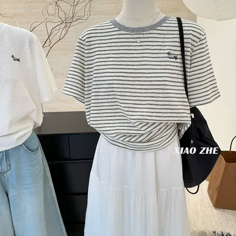 刺绣腊肠狗宽松条纹短袖t恤女2025夏季新款薄款舒适棉休闲tee上衣商品大图