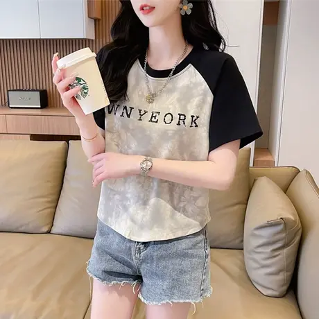 纯棉渐变色扎染短袖t恤女夏季韩版宽松大码正肩短款小个子上衣服图片