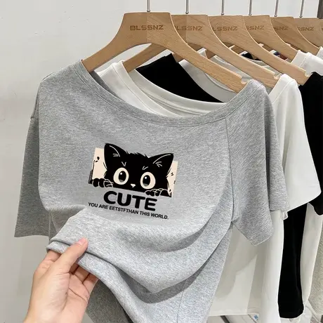 美式超好看的短袖T恤女斜肩ins潮牌独特漂亮减龄款露肩松弛感上衣商品大图