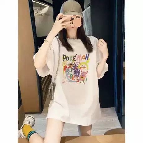 涂鸦中长款短袖夏季2025新款减龄韩版纯棉t恤女上衣遮屁股体恤潮图片