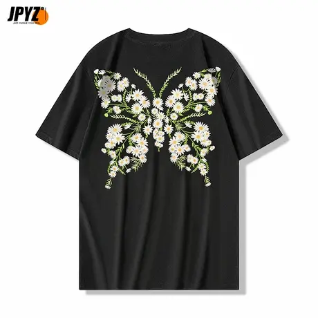 国潮蝴蝶变色刺绣短袖T恤男纯棉100%全棉夏天圆领休闲重磅男装白t商品大图