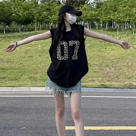 纯棉吊带坎肩背心无袖t恤女夏设计感小众外穿宽松篮球服挂脖上衣商品大图