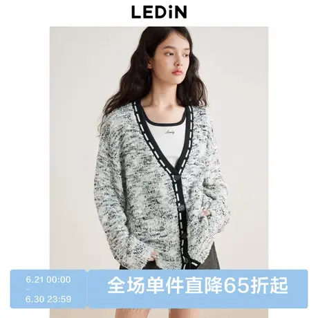 乐町黑白波点针织开衫女秋季新款V领宽松版型复古毛衣外套图片