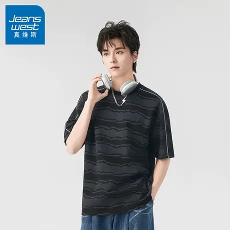 N5真维斯短袖T恤男2025夏季新款美式潮牌男生水波纹设计半袖上衣t商品大图