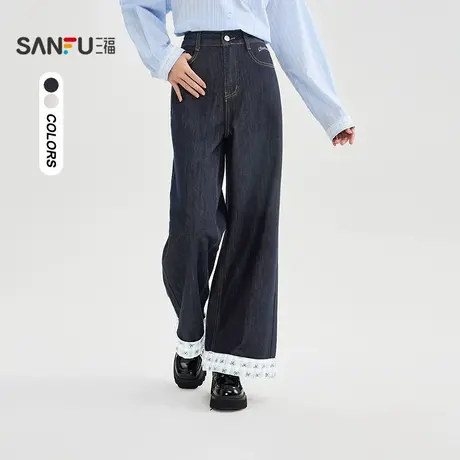 三福牛仔长裤2025秋季英文刺绣格子撞色拼接阔腿裤女装504816商品大图