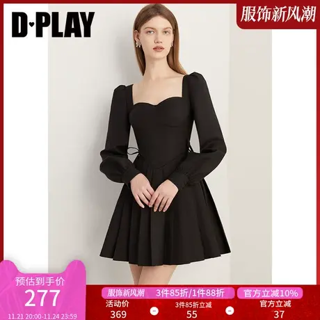 DPLAY新法式经典黑鱼骨分割收腰重工压褶泡泡袖连衣裙小黑裙图片