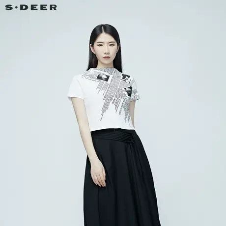 sdeer圣迪奥女装夏装字母印花半高领短款白T恤S20280139⛲商品大图