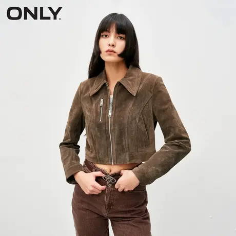 ONLY奥莱春季时尚复古翻领短款修身长袖皮衣女图片