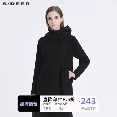 sdeer圣迪奥女装高领连帽字母贴布插肩袖黑色毛呢大衣S194A1790图片