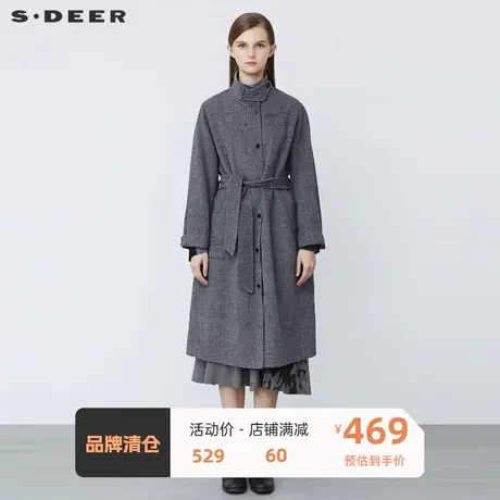 sdeer圣迪奥女装时尚立领撞色字母收腰格纹毛呢大衣S21461823图片