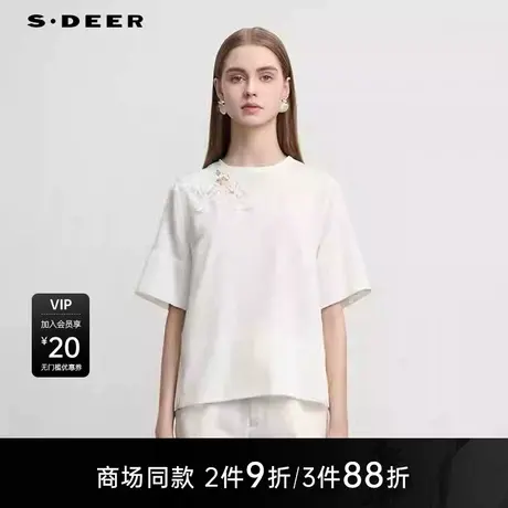 【商场同款】sdeer圣迪奥女田园风圆领绣花拼接短袖T恤S25280151图片