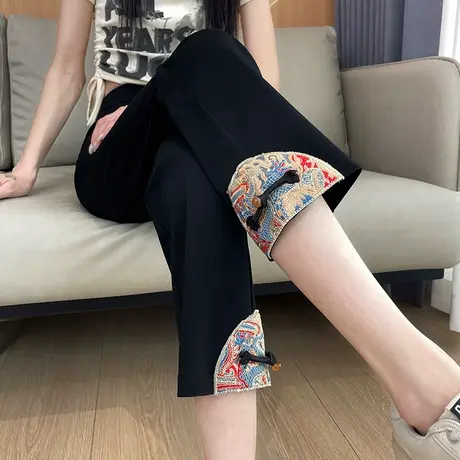 黑色刺绣国风烟管裤女春秋季薄款高腰显瘦小个子八九分休闲直筒裤商品大图