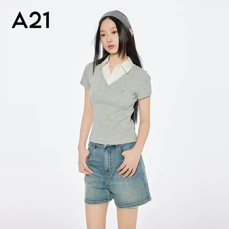 A21女装拼接假两件翻领T恤简约设计感修身短款薄上衣图片