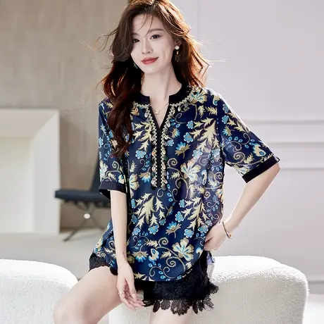 宝诗黎V领印花短袖衬衫女2025夏季气质宽松波嬉风休闲百搭雪纺衫图片