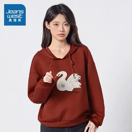 G8真维斯女装2025春季新款 小天鹅连帽套头女款卫衣红色蛇年衣服商品大图