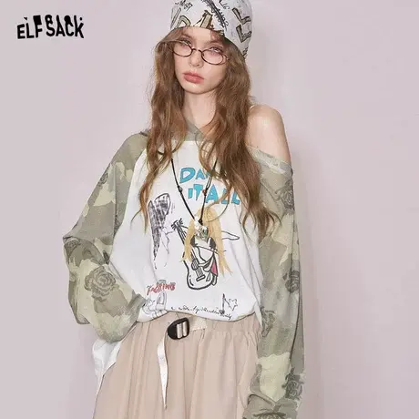 妖精的口袋迷彩网纱插肩印花短袖t恤女2025年夏季新款慵懒风罩衫图片