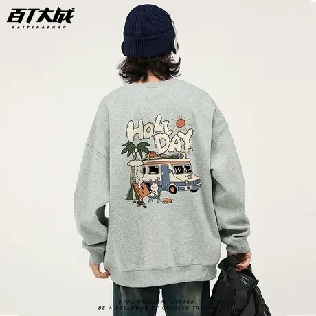 露营主体卫衣男圆领户外休闲插画师联名美式大码复古2024秋冬新款图片