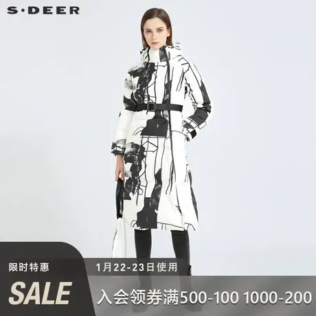 sdeer圣迪奥女装高领连帽水墨印花收腰拼接中长款羽绒服S20482486商品大图