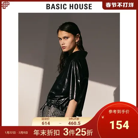 Basic House/百家好秋季商场同款黑色衬衫领中袖皮衣韩版HUWS521E图片