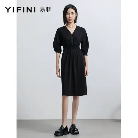 Yifini/易菲高腰显瘦V领小黑裙女2023夏季新款气质优雅中款连衣裙商品大图