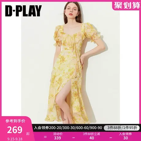 DPLAY夏2023温柔度假风黄调印象花园雪纺印花裙多巴胺显瘦连衣裙图片