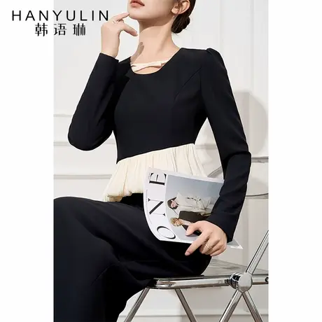 法式气质长袖衬衫女2025新款女春秋季设计个小众黑色短款拼接上衣图片