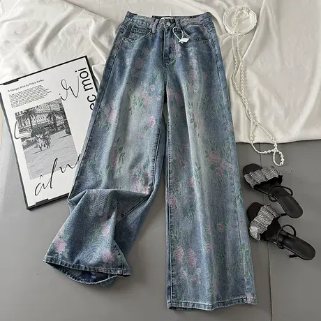 韩国复古印花减龄高腰牛仔裤女夏季新款显瘦百搭阔腿裤窄版直筒裤商品大图