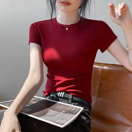 歌倍尚圆领正肩短袖T恤女2025夏季新款纯色百搭修身显瘦收腰上衣图片
