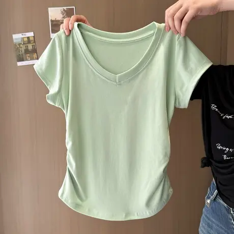 气质高级感V领正肩短袖T恤女夏季韩版修身打底衫内搭短款半袖上衣图片