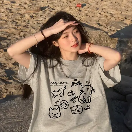 胖mm慵懒风卡通减龄灰色正肩短袖t恤女夏季宽松半袖chic别致上衣商品大图