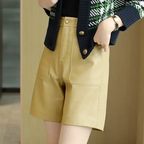 宝诗黎高腰显瘦休闲皮质短裤夏季时尚百搭阔腿五分裤外穿裤子女款图片