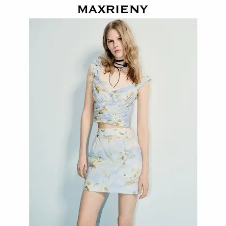 【奥莱】MAXRIENY浪漫度假风渐变印花吊带小衫重叠压褶上衣图片