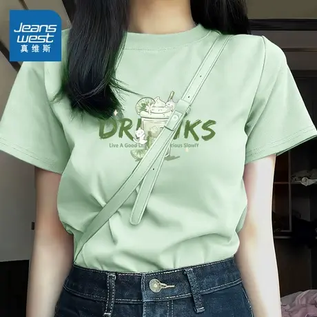 KMV真维斯绿色纯棉短袖t恤女夏2025新款正肩宽松显瘦休闲半袖上衣图片