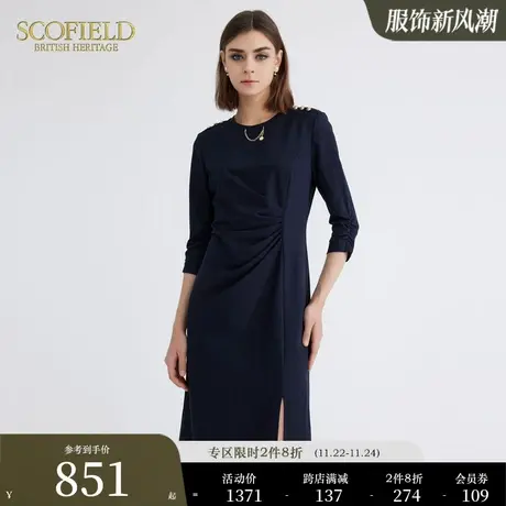 Scofield圆领褶皱通勤优雅中长设计感连衣裙女装秋季新款商品大图