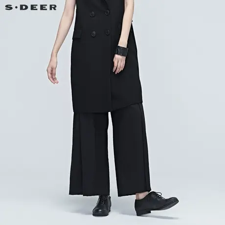 sdeer圣迪奥女装春装休闲舒适暗褶黑色通勤阔腿长裤S20380803图片