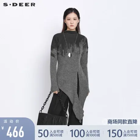 sdeer圣迪奥女装春秋装半高领印花开衩不规则长袖针织衫S21383512图片