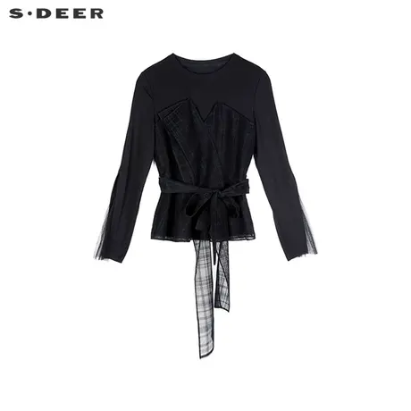 【直播间专属】sdeer圣迪奥女装圆领拼接网纱长袖T恤S221Z0238图片